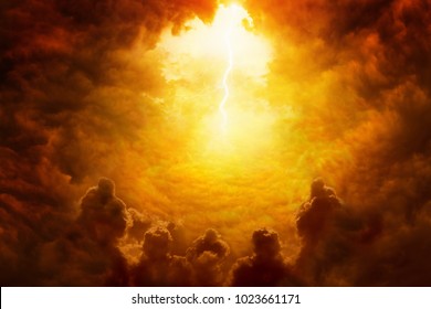 Dramatic religious background - hell realm, bright lightnings in dark red apocalyptic sky, judgement day, end of world, eternal damnation, dark scary silhouettes - Shutterstock ID 1023661171