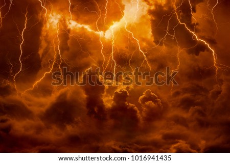 Dramatic religious background - hell realm, bright lightnings in dark red apocalyptic sky, judgement day, end of world, eternal damnation