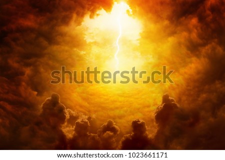 Dramatic religious background - hell realm, bright lightnings in dark red apocalyptic sky, judgement day, end of world, eternal damnation, dark scary silhouettes