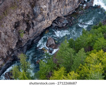 A dramatic river cuts through a rocky canyon edged by dense evergreen forest in BC, Canada