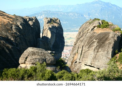 Dramatic rock cliffs framing valley, Khalkidiki, Greece, July, 2008