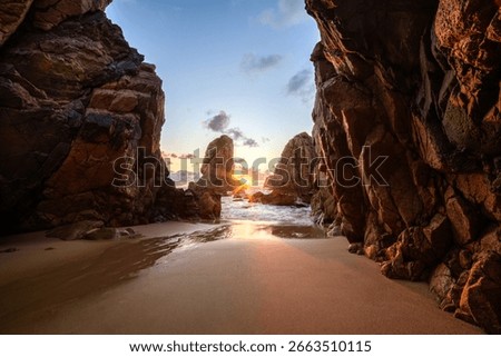 Dramatic Rock Formations at Ursa Beach in Sintra, Portugal at Sunset on Atlantic Coast. Amazing natural background, ladscape