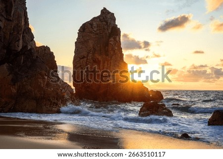 Dramatic Rock Formations at Ursa Beach in Sintra, Portugal at Sunset on Atlantic Coast. Amazing natural background, ladscape