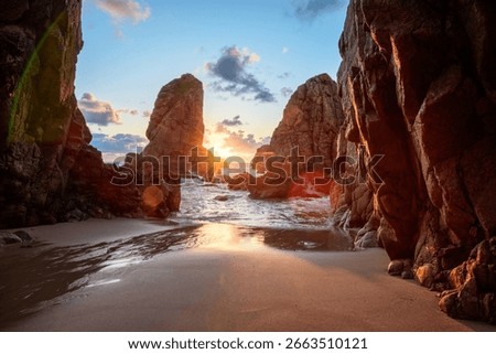 Dramatic Rock Formations at Ursa Beach in Sintra, Portugal at Sunset on Atlantic Coast. Amazing natural background, ladscape