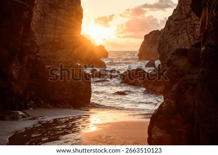Dramatic Rock Formations at Ursa Beach in Sintra, Portugal at Sunset on Atlantic Coast. Amazing natural background, ladscape