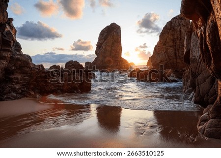 Dramatic Rock Formations at Ursa Beach in Sintra, Portugal at Sunset on Atlantic Coast. Amazing natural background, ladscape