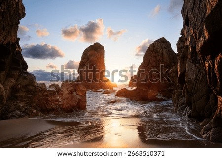 Dramatic Rock Formations at Ursa Beach in Sintra, Portugal at Sunset on Atlantic Coast. Amazing natural background, ladscape