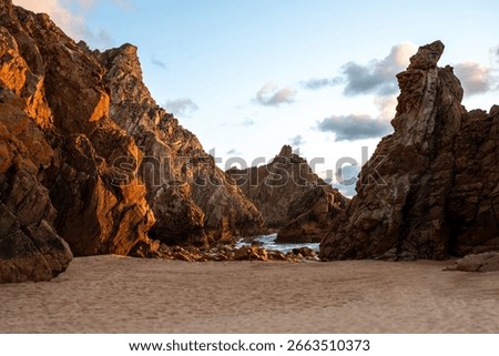 Dramatic Rock Formations at Ursa Beach in Sintra, Portugal at Sunset on Atlantic Coast. Amazing natural background, ladscape