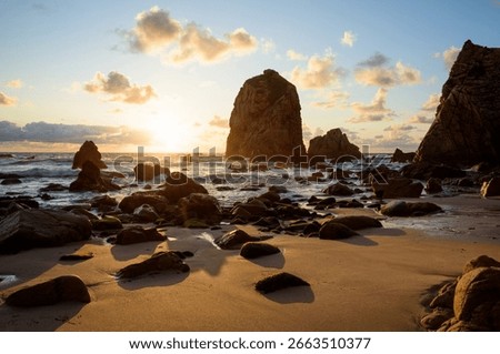 Dramatic Rock Formations at Ursa Beach in Sintra, Portugal at Sunset on Atlantic Coast. Amazing natural background, ladscape