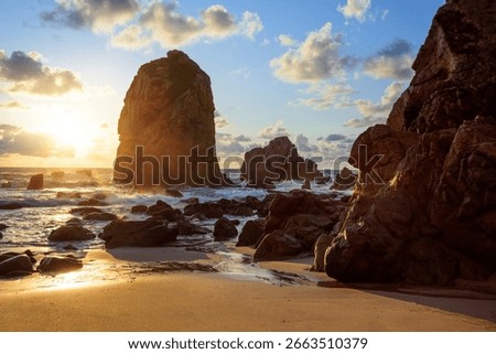 Dramatic Rock Formations at Ursa Beach in Sintra, Portugal at Sunset on Atlantic Coast. Amazing natural background, ladscape