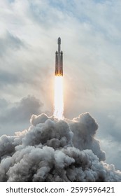 Dramatic rocket launch from the platform. Church in the clouds. Smoke from factory chimneys. Nonrenewable resources concept. Coal power plant chimneys. Elements of this image furnished by NASA