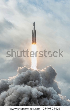 Dramatic rocket launch from the platform. Church in the clouds. Smoke from factory chimneys. Nonrenewable resources concept. Coal power plant chimneys. Elements of this image furnished by NASA