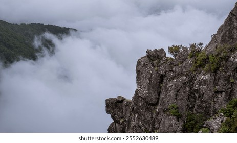 A dramatic rocky cliff surrounded by dense clouds, with glimpses of green forest in the distance, creating a misty and atmospheric mountain landscape. - Powered by Shutterstock