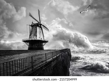 Dramatic scene in black and white: storm near the seacoast ( Vlissingen - The Netherlands ) - Shutterstock ID 2157204999