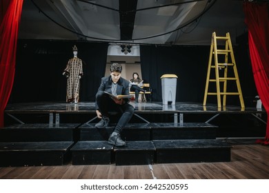 A dramatic scene featuring performers practicing for a theater production, showcasing a vibrant theatrical ambiance.