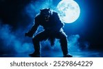 dramatic scene featuring werewolf costume under full moon, creating eerie atmosphere. creatures fierce expression and furry details enhance Halloween spirit.