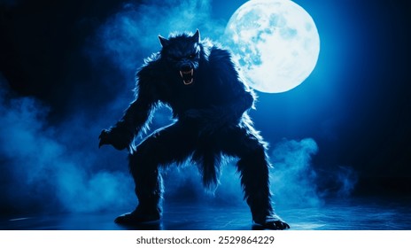 dramatic scene featuring werewolf costume under full moon, creating eerie atmosphere. creatures fierce expression and furry details enhance Halloween spirit. - Powered by Shutterstock