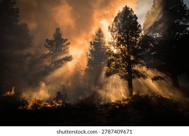 A dramatic scene of a forest fire, with intense flames engulfing the undergrowth and smoke billowing through the trees, illuminated by the fiery glow.
