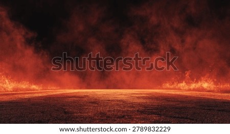 A dramatic scene of intense fire and smoke, creating a desolate and powerful atmosphere.