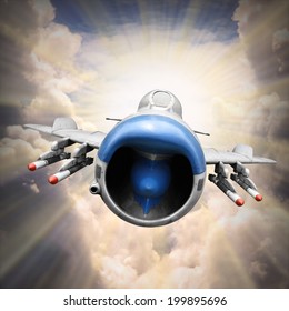 Dramatic scene on the sky. Old jet fighter plane inbound from sun. Retro technology background. 