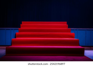 Dramatic scene with a red carpet staircase leading up to a stage, illuminated by blue spotlights. The stage is set for an award show, performance, or presentation. - Powered by Shutterstock