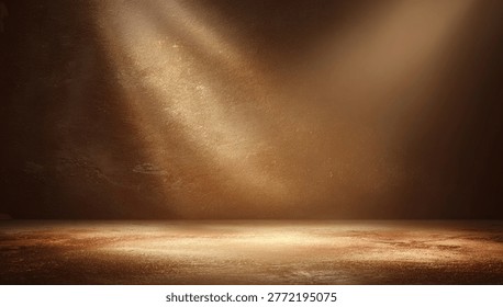 A dramatic scene with warm light beams shining down on a textured stage, creating an atmospheric and inviting space.