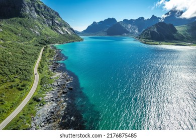 Dramatic Scenery Of Lofoten Archipelago Road In Northern Regions Of The Norway. Sunny Summer Day.