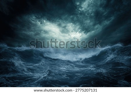 A dramatic seascape featuring large ocean waves under a dark and stormy sky, conveying a sense of power and foreboding.