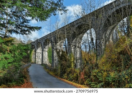 Dramatic seven-arch limestone Durrow Viaduct, historic railway landmark, Waterford Greenway, autumn, no people