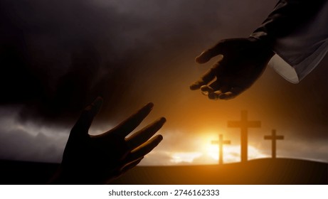 A dramatic silhouette of a hand reaching down from above to meet a hand reaching up, set against a backdrop of three crosses on a hill. Represents faith, salvation, and divine intervention