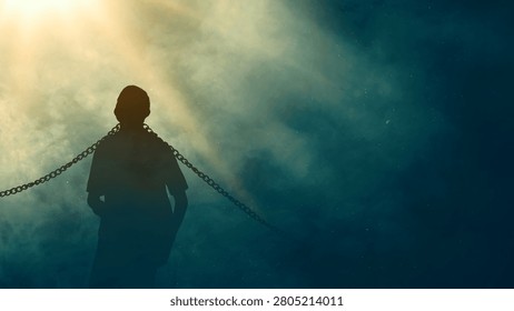 Dramatic silhouette of a man bound by chains looking up toward a powerful divine light, symbolizing hope, liberation, salvation, and breaking free from captivity