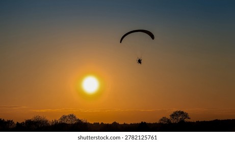 Dramatic silhouette of a paramotor pilot flying against a vivid golden sunset sky. The large sun disk glows on the horizon while tree silhouettes frame the bottom of the frame. A perfect image representing freedom, adventure and extreme sports in nature.