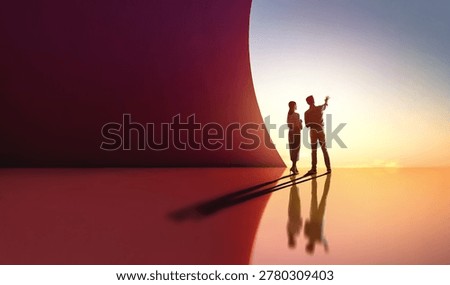 Dramatic silhouette of two business professionals standing on a reflective surface, engaged in conversation, against a striking architectural background during sunset. The warm, glowing light and elongated shadows evoke inspiration, visionary thinking, ambitious planning, and creative teamwork, perfect for commercial use in themes of innovation, leadership, progress, and the future of work.