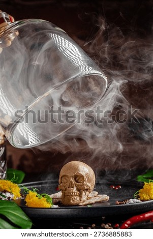 Dramatic skull shaped meat pate under glass cloche with smoke effect, created for fine dining, Halloween menus, luxury restaurants and bold gastronomic storytelling.