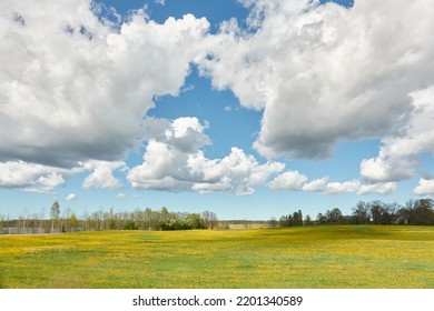 Dramatic Sky Above The Hills Of A Green Plowed Agricultural Field And Forest. Glowing Clouds After The Rain And Storm. Pure Sunlight. Idyllic Rural Scene. Spring, Early Summer. Nature, Ecology Themes