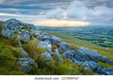 Dramatic sky and limestone rocks at the Black Mountain in South Wales UK