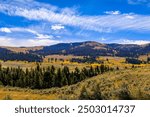 Dramatic sky over the colorful fall colors over the mountains, pine forest and Lamar Valley, Yellowstone National Park, Wyoming, USA 