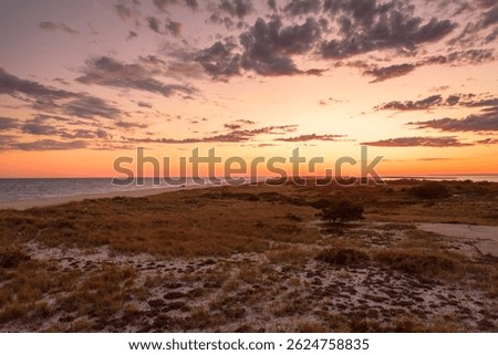 Dramatic sky over a large beach and grassy sand dunes at dusk in autumn