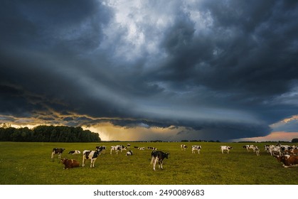 Dramatic sky over pasture with cows, showing tranquil rural scenery and stormy weather