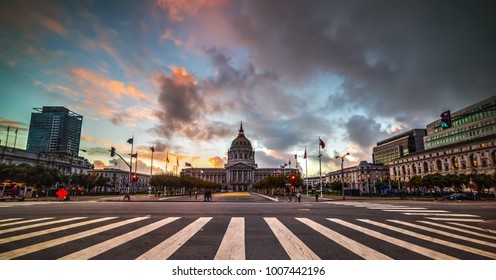 Dramatic Sky Over San Francisco City Hall At Sunset, California