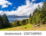 Dramatic sky over scenic Manapouri Lake at Fiordland National Park in Southland, South Island of New Zealand