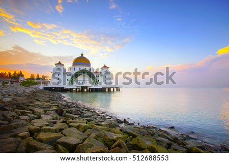 Dramatic sky & reflections at Straits Mosque, Malacca. Nature composition