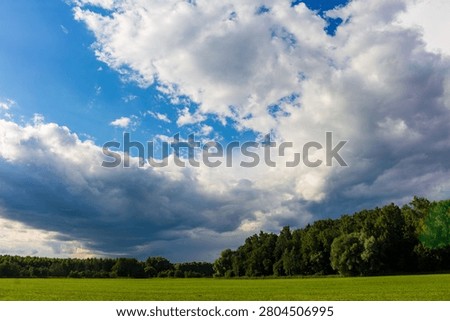 Dramatic skyscape with towering clouds, sun rays breaking through vivid blue. A lush green meadow borders a dense forest. Nature's beauty