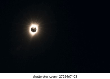 A dramatic solar eclipse with the sun’s bright corona and diamond ring effect visible against deep black space, symbolizing cosmic alignment, astronomy, mystery, and celestial events.