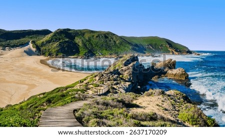 The dramatic southern tip of Robberg Peninsula, showcasing rugged cliffs, verdant fynbos-covered hills, and a winding wooden walkway inviting exploration, Plettenberg Bay, South Africa