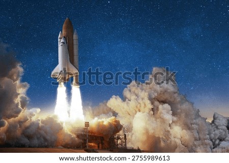 Dramatic space shuttle liftoff from the launchpad at night. Massive clouds of smoke and fire billow as the rocket ascends into a star-filled sky. Perfect for science and exploration themes