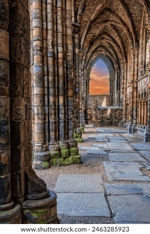 Dramatic stone work and archways in Holyrood Abbey, Edinburgh, Scotland.