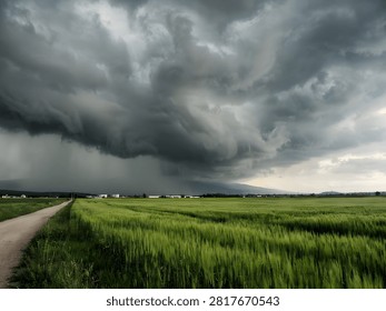 A dramatic storm approaches over a green field and dirt road