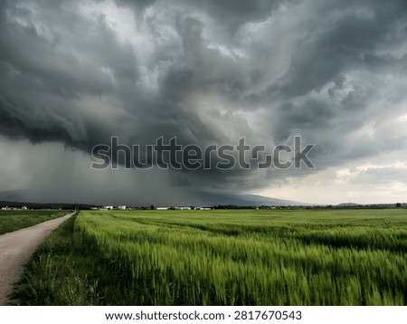 A dramatic storm approaches over a green field and dirt road