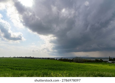 Dramatic storm cloud and downpour rain over green grass field. Scenic mediterranean countryside landscape with dark weather atmosphere and distant salt lake under overcast sky. Cyprus.